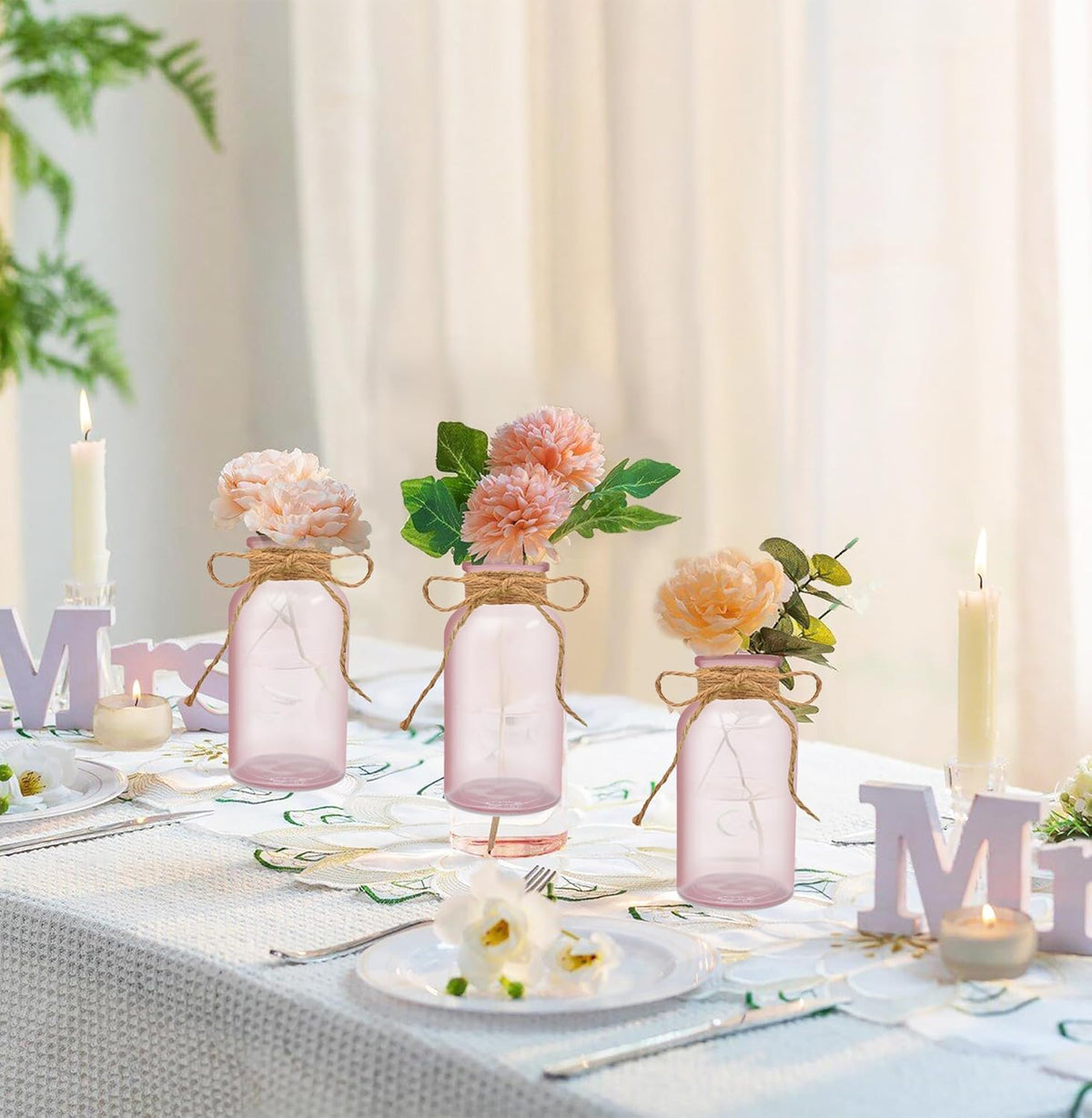 Vintage Glass Flower Vase，6 Pack Pink Farmhouse Glass Centerpiece Vases Mason Jars for Weddings