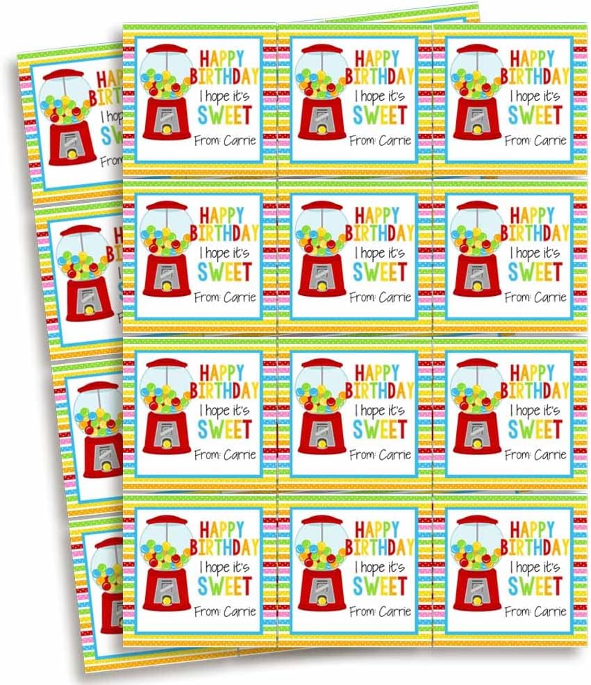 Custom & Personalized Sweet Gumball Happy Birthday Gift Tag Sticker Labels, 24 2.5" Square Stickers