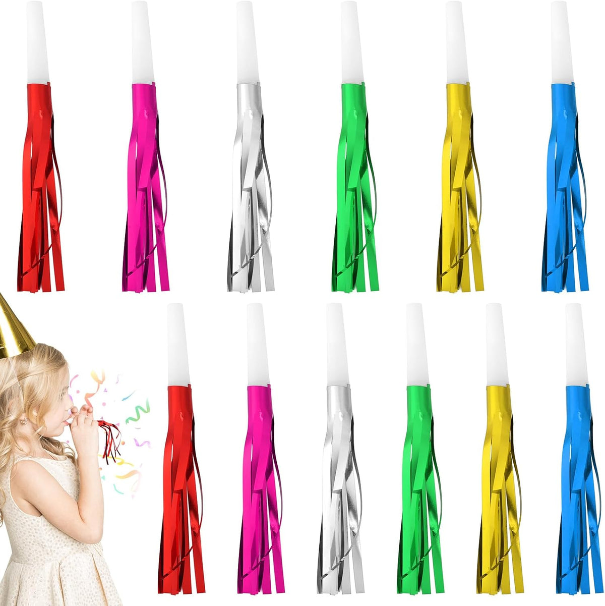 12pcs Glitter Fringed Party Blowers, Colorful Birthday Blow Horns Funny Noise Makers Party Favors