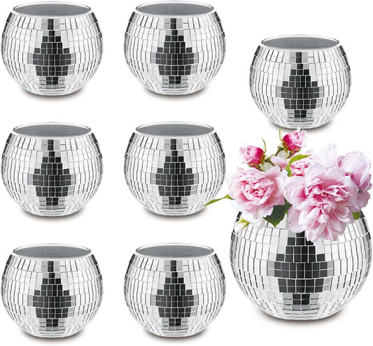 8 PCS Silver Disco Ball Vase,Glass Disco Ball Planter Candle Holder Vase Bulk Mirror Disco Ball