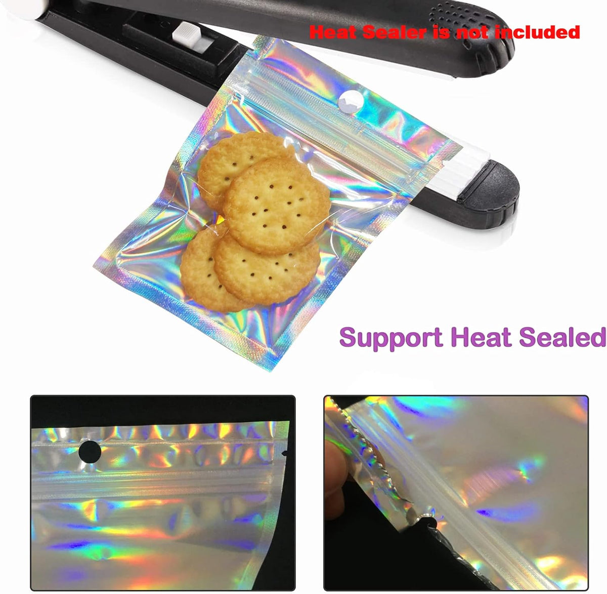 Resealable Foil Pouch Bag [100 PCS ] Great for Party Favor Food Storage (Holographic Color, 3 x 4