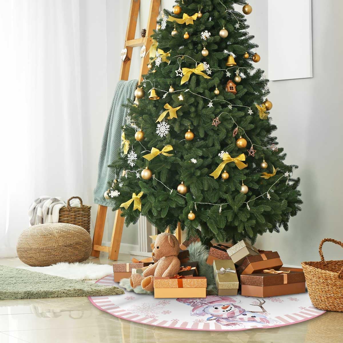 Let It Snow Snowman Christmas Tree Skirt 48 Inches, Pink Snowflake Tree Skirt, Winter Xmas Tree Mat