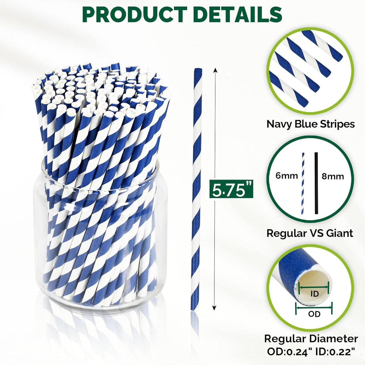 5.75 inch Navy Blue Short Paper Cocktail Straws & Stirrer Sticks 500 Counts - for Bars and