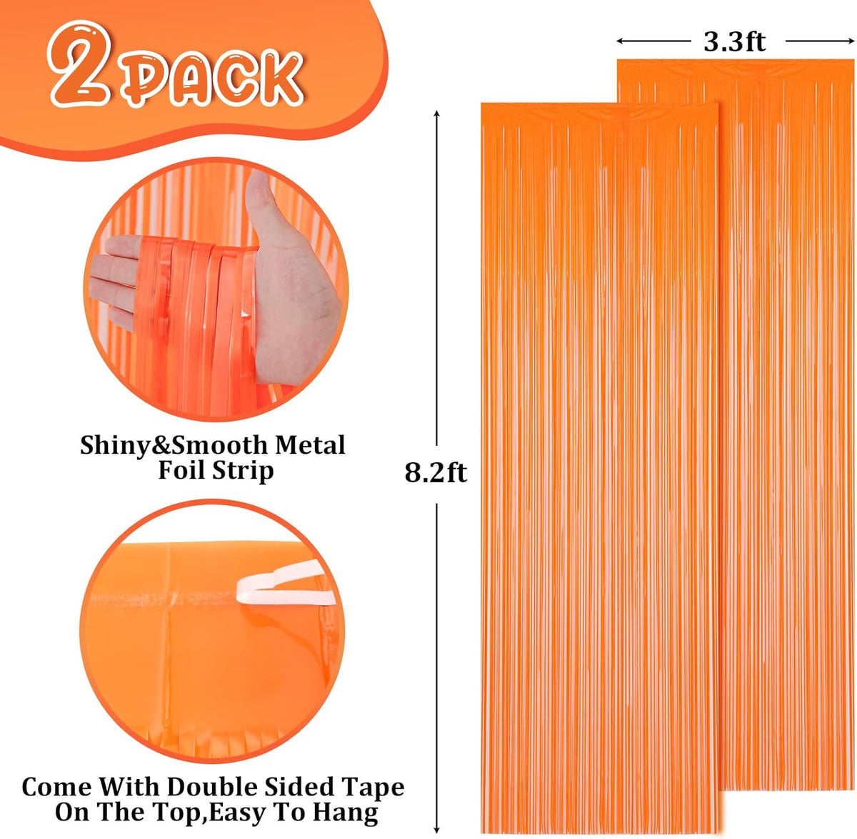 2 Pack Orange Foil Fringe Backdrop Curtains, Tinsel Streamers Birthday Party Decorations, Fringe