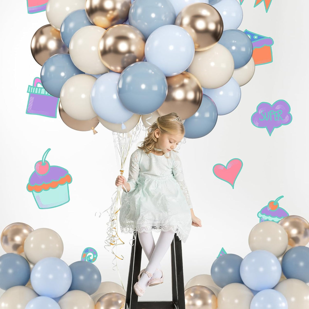 100pcs Dusty Blue and Gold Balloons, 12 Inch Haze Blue Sand White & Metallic Champagne Gold