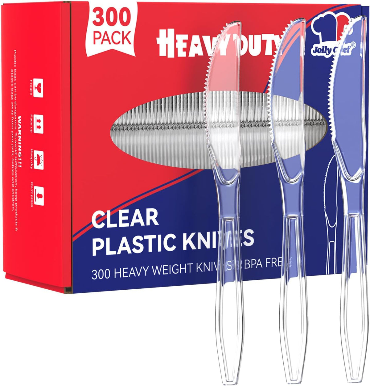 JOLLY CHEF 300 Count Clear Plastic Knives Heavy Duty, 7.7" Heat Resistant Solid and Durable Plastic