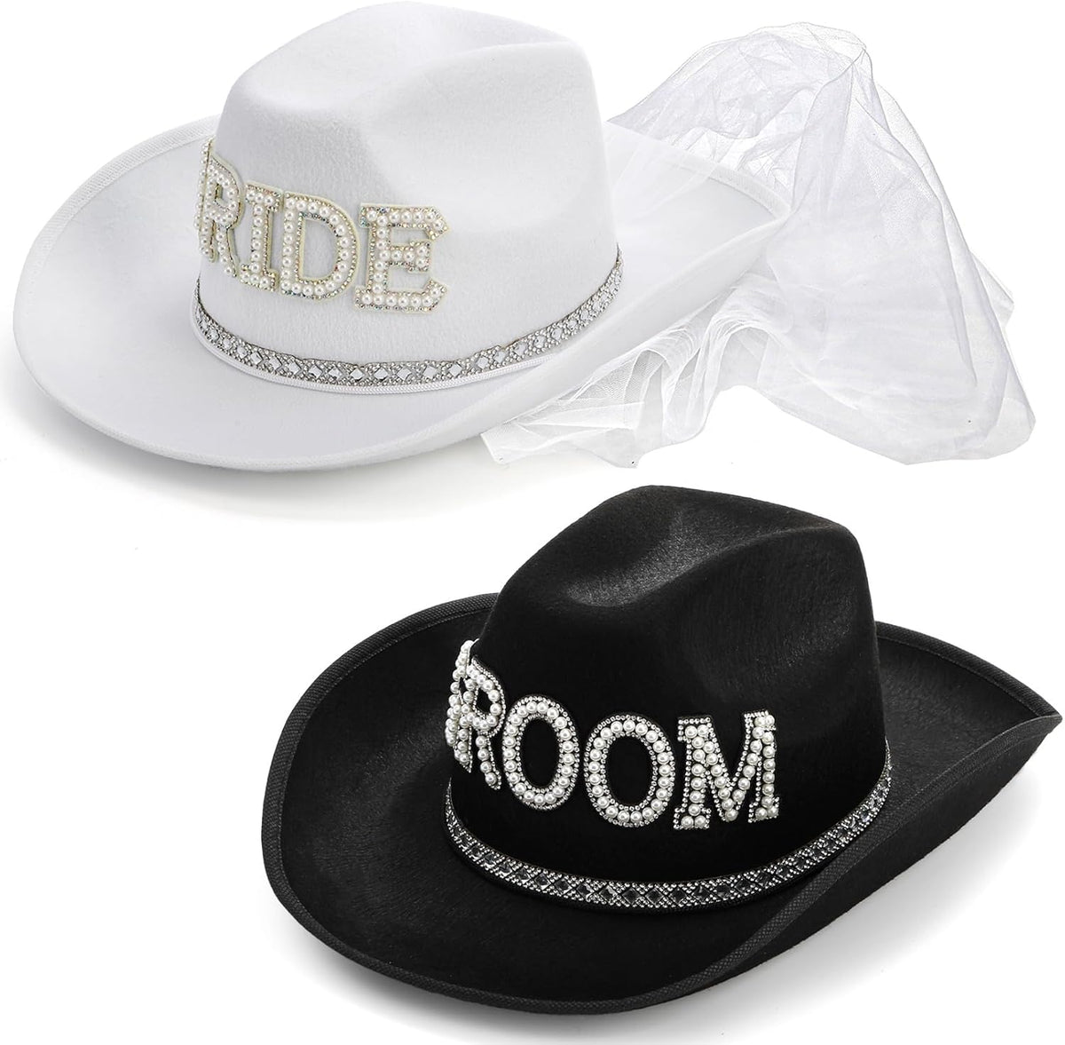 Frcctre 2 Pcs Bride Cowgirl Hat with Veil, Black Groom Cowboy Hat, Rhinestone Bride and Groom