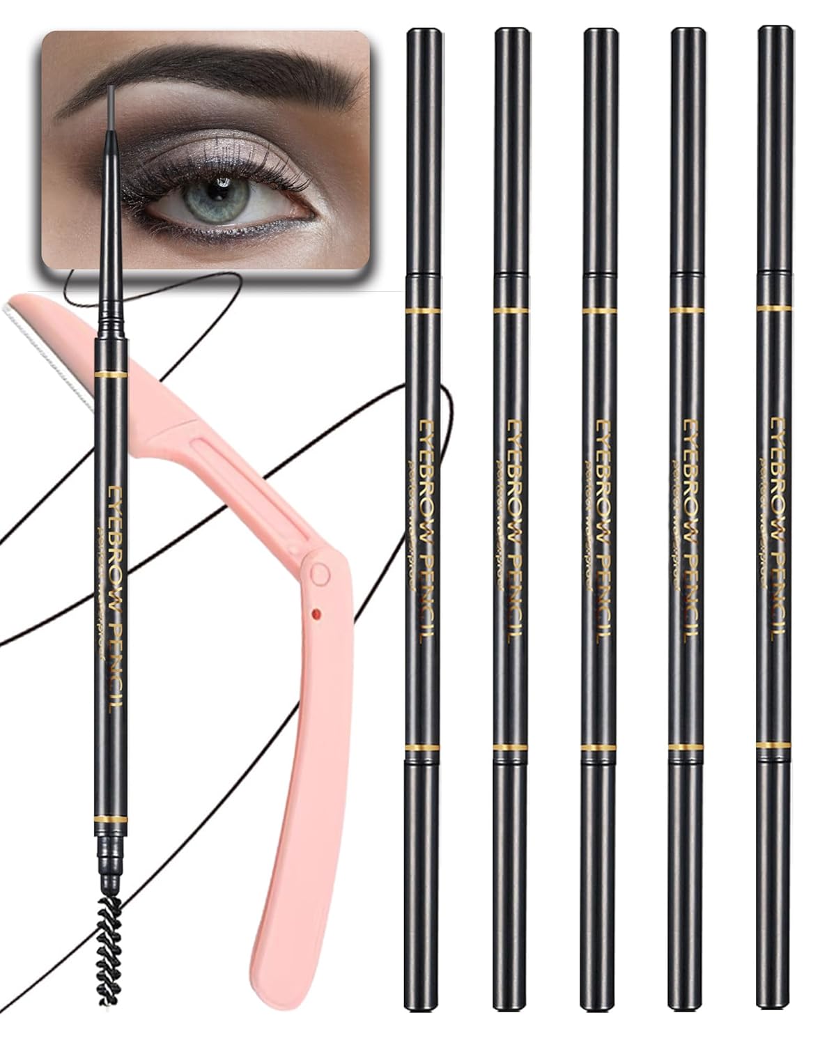 Black Eye Brow Pencils for Women, 6Pcs Waterproof Eyebrow Pencil, 1.5mm Micro-Fine Tip & Spiral