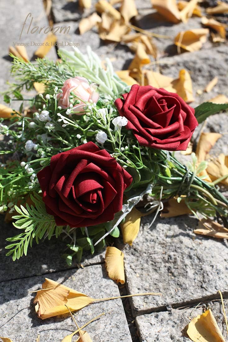 Floroom Artificial Flowers 50pcs Real Looking Burgundy Foam Fake Roses with Stems for DIY Wedding