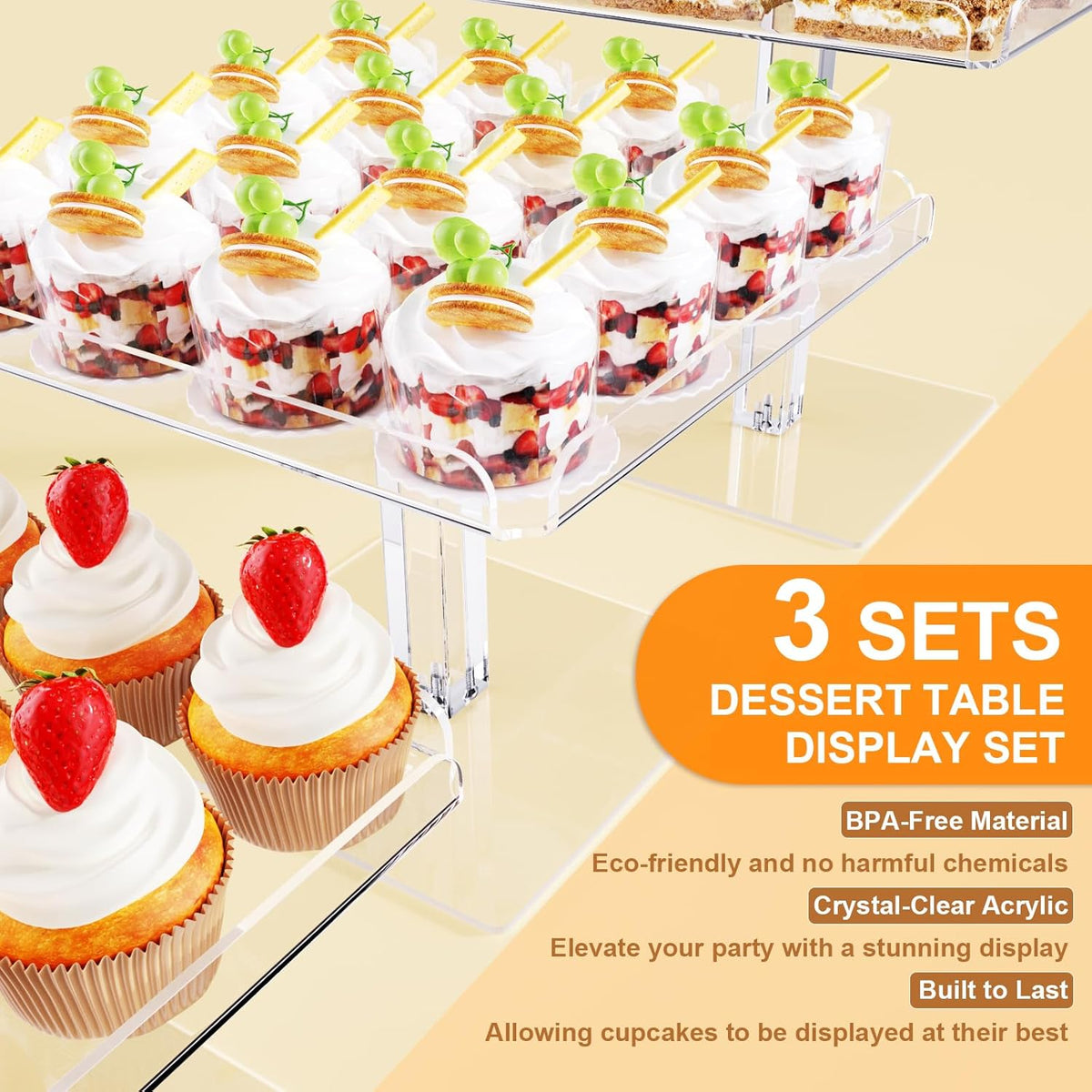 3 Piece Cupcake Stand, Acrylic Dessert Table Display Set, Clear Square Serving Trays for Birthday