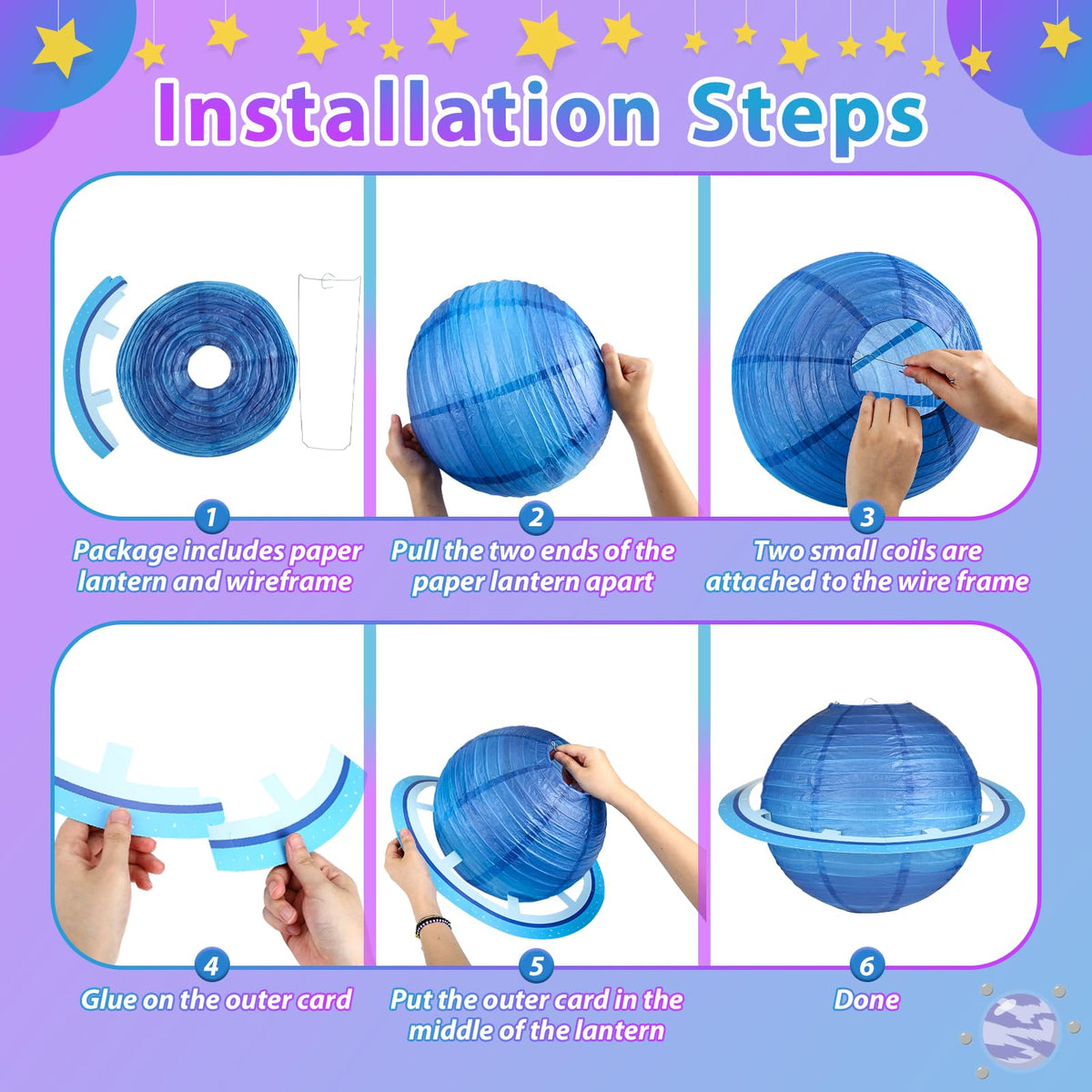 Fontien 8pcs Planet Paper Lanterns, 12 Inch Outer Space Party Decorations