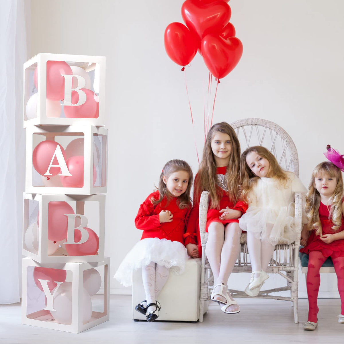 Voircoloria Baby Boxes with Letters, 4 Transparent Balloon for Gender Reveal Birthday Wedding Baby