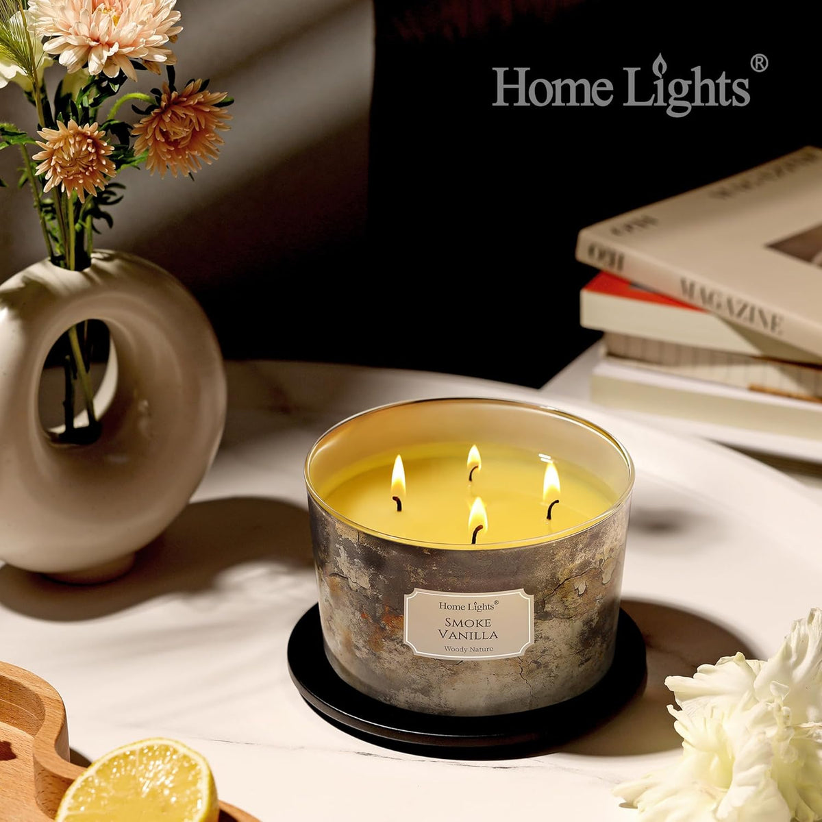 HomeLights Large jar Candle | 4-Wick Long-Lasting Scented Candles, 18oz Natural Soy Wax Candle for