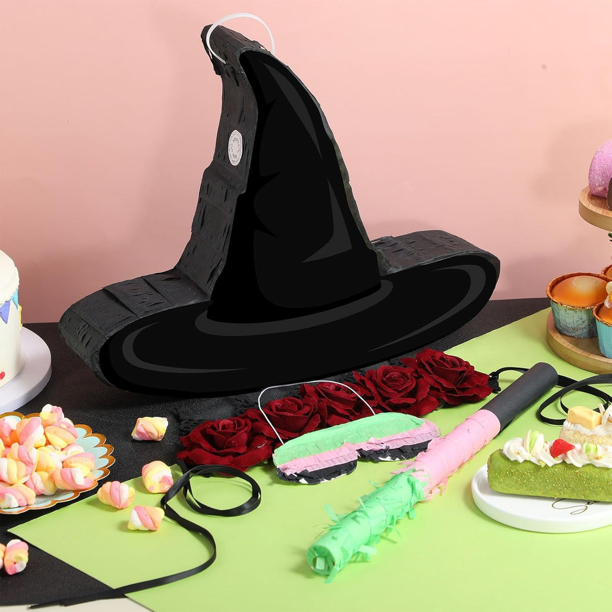 Kasyat Witch Hat Piñata Party Game Set Halloween Theme Piñata with Bat Stick Blindfold Pink Green