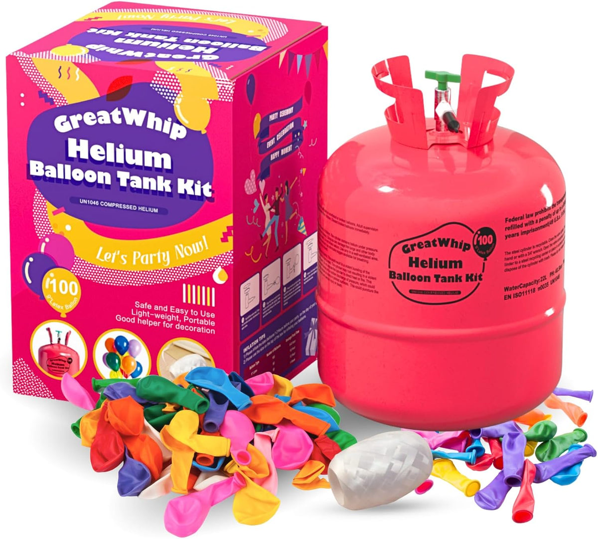 GreatWhip 22L Helium Tank Up To 100 Latex Balloons, Helium Tank For Balloons At Home, Latex