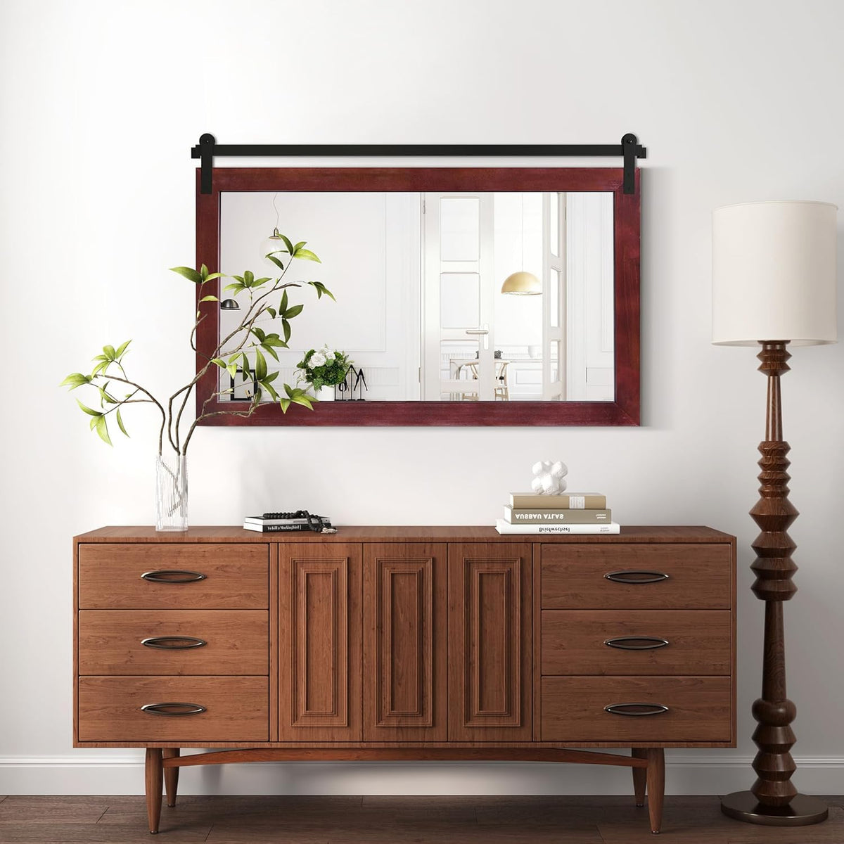 COGOOD Farmhouse Bathroom Mirror - 45 x 30 Rustic Wood Framed Wall Barn Door Mirror for Entryway