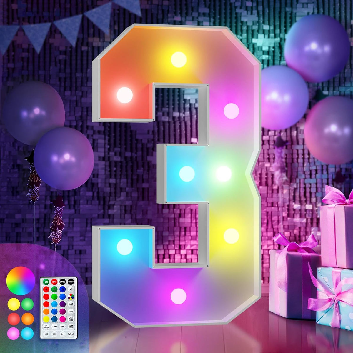 imprsv 3FT Colorful Marquee Numbers,18 Colors Number 3 with Remote, Light Up Numbers Sign for 3rd