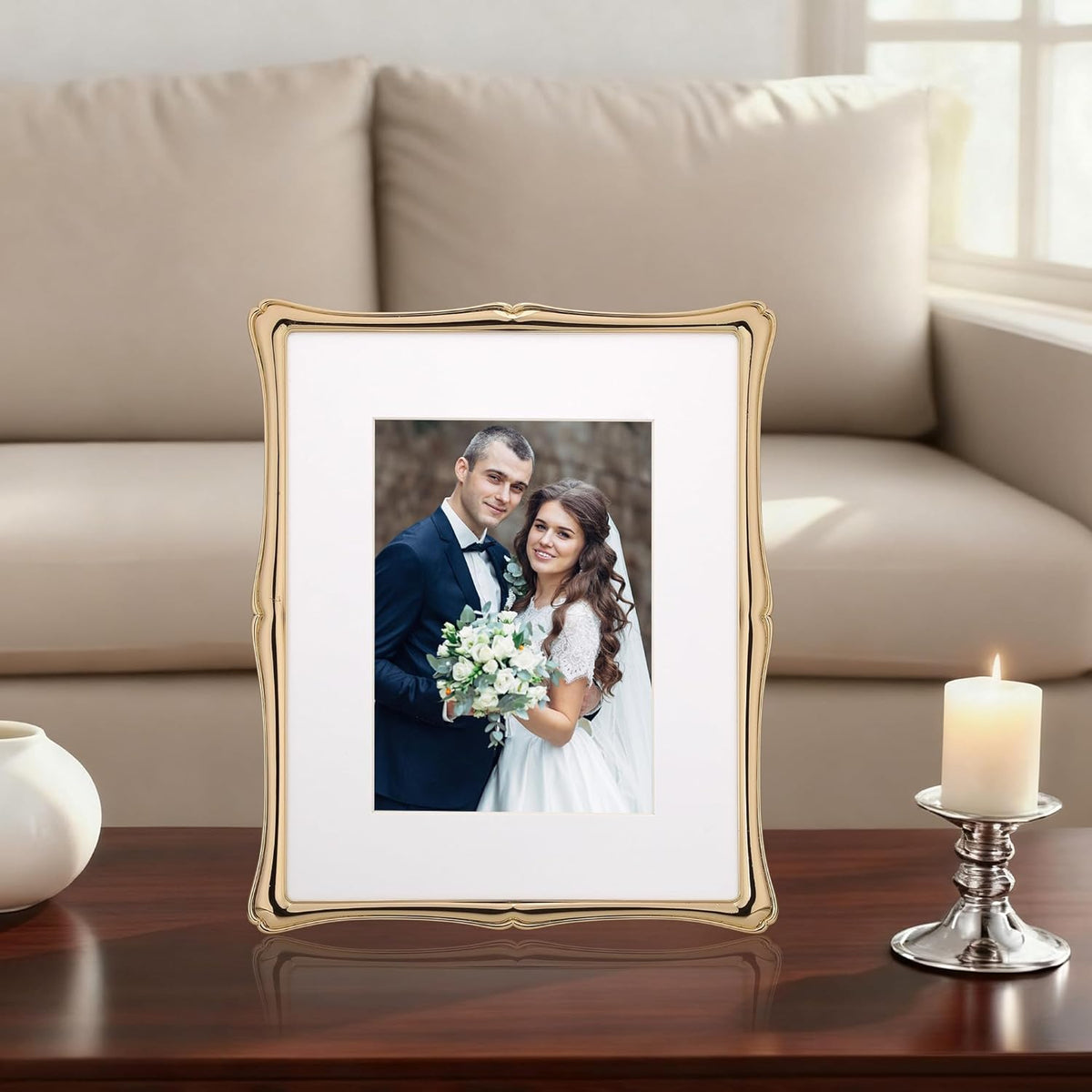 8 x 10'' Premium Alloy Gold Photo Frame with Acid Free 5x7'' Mat - High-End Décor Metal Frames