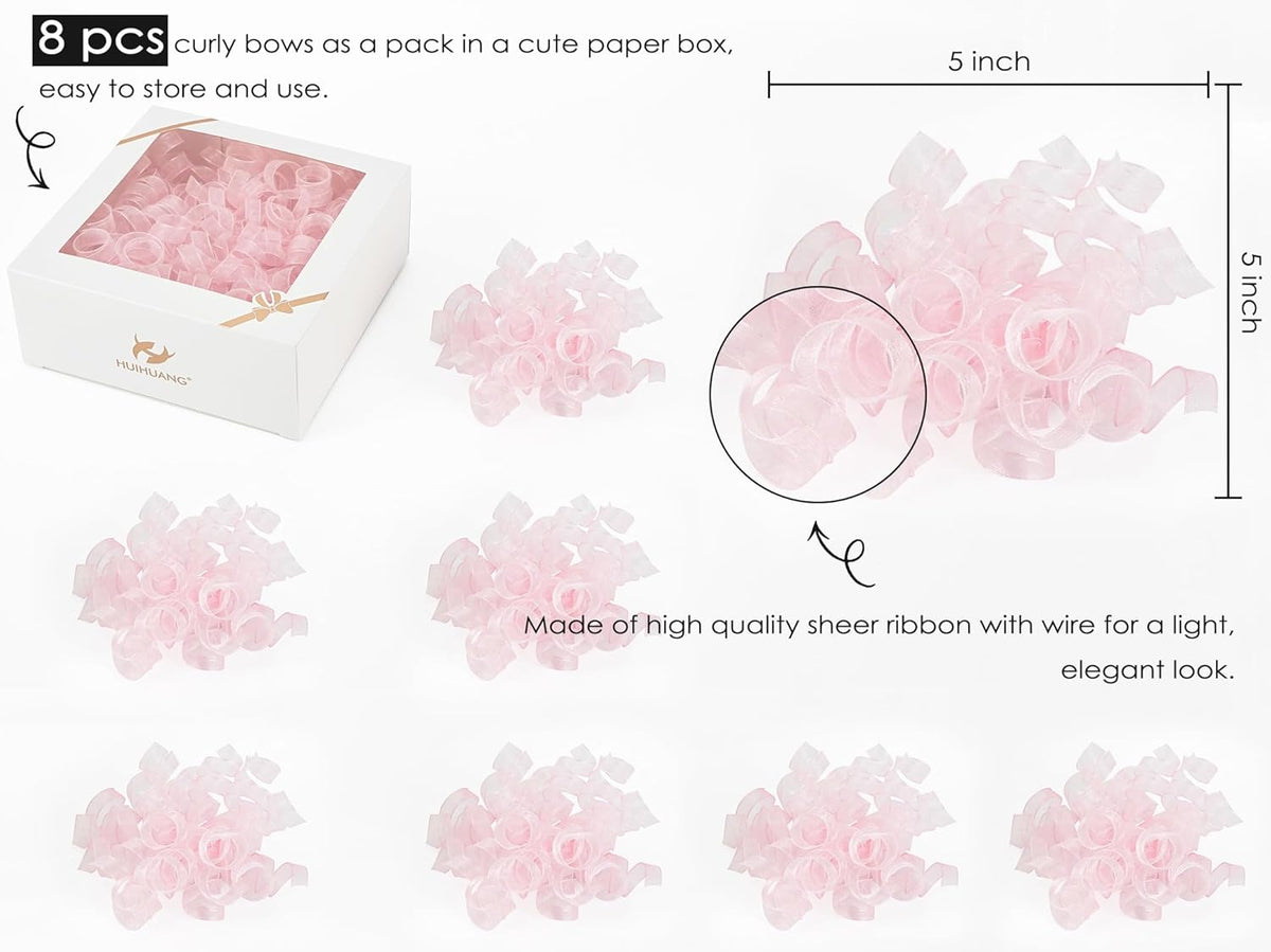 HUIHUANG Pink Bows for Gift Wrapping Pink Curly Gift Bows 5 inch x 8 Counts Self-Adhesive Curly