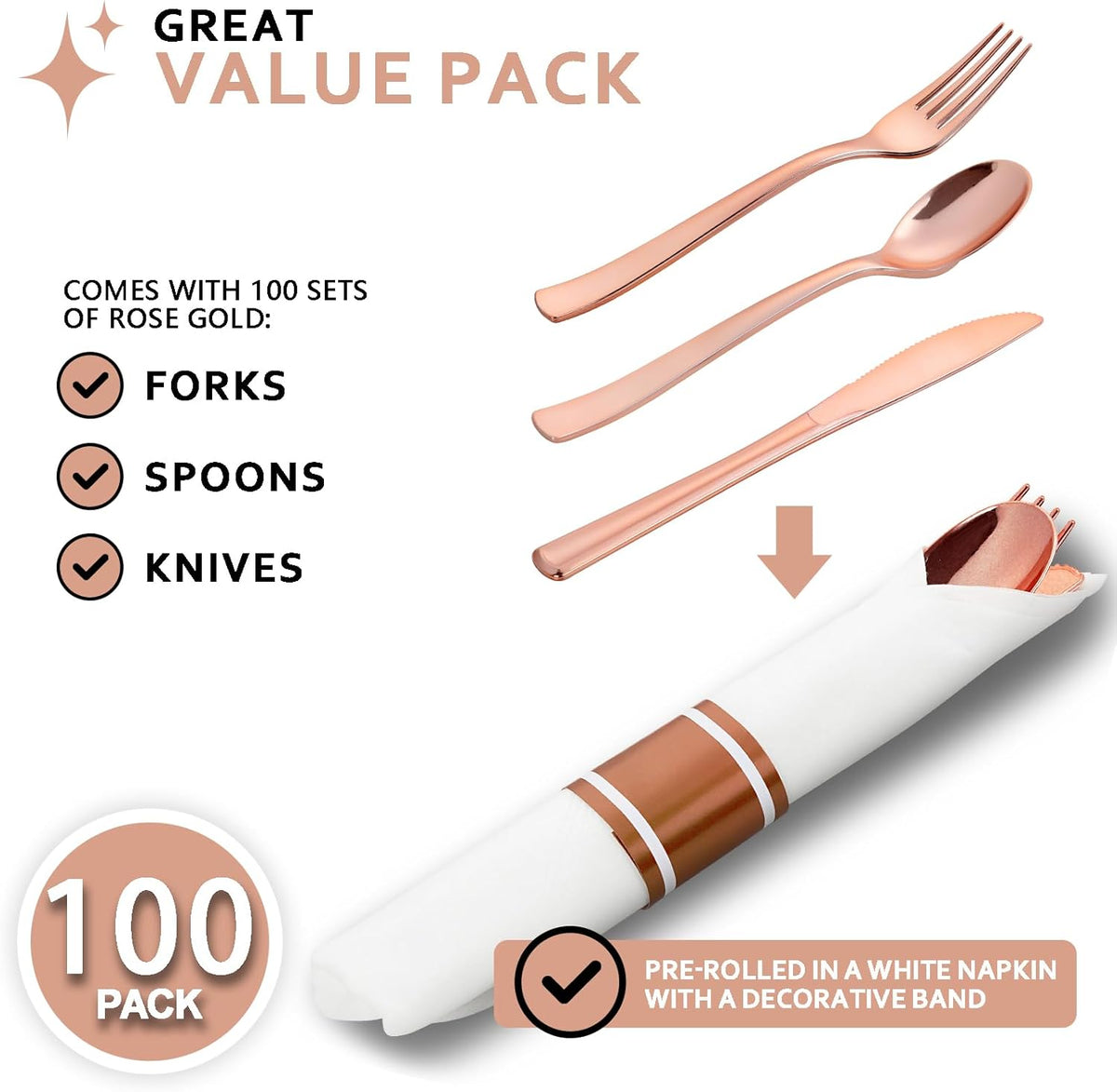 400PCS Pre Rolled Rose Gold Plastic Silverware Sets - Heavy Duty Rose Gold Cutlery - Include 100