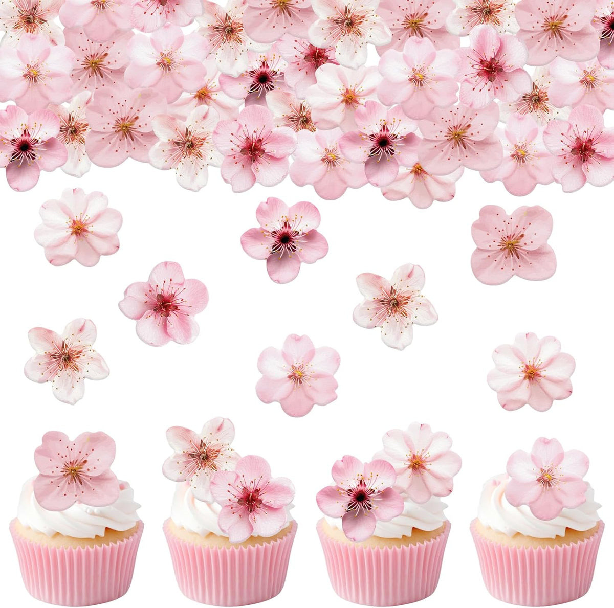 70PCS Edible Cherry Blossoms Cupcake Toppers Pink Edible Cherry Flowers Cake Decorations Wafer