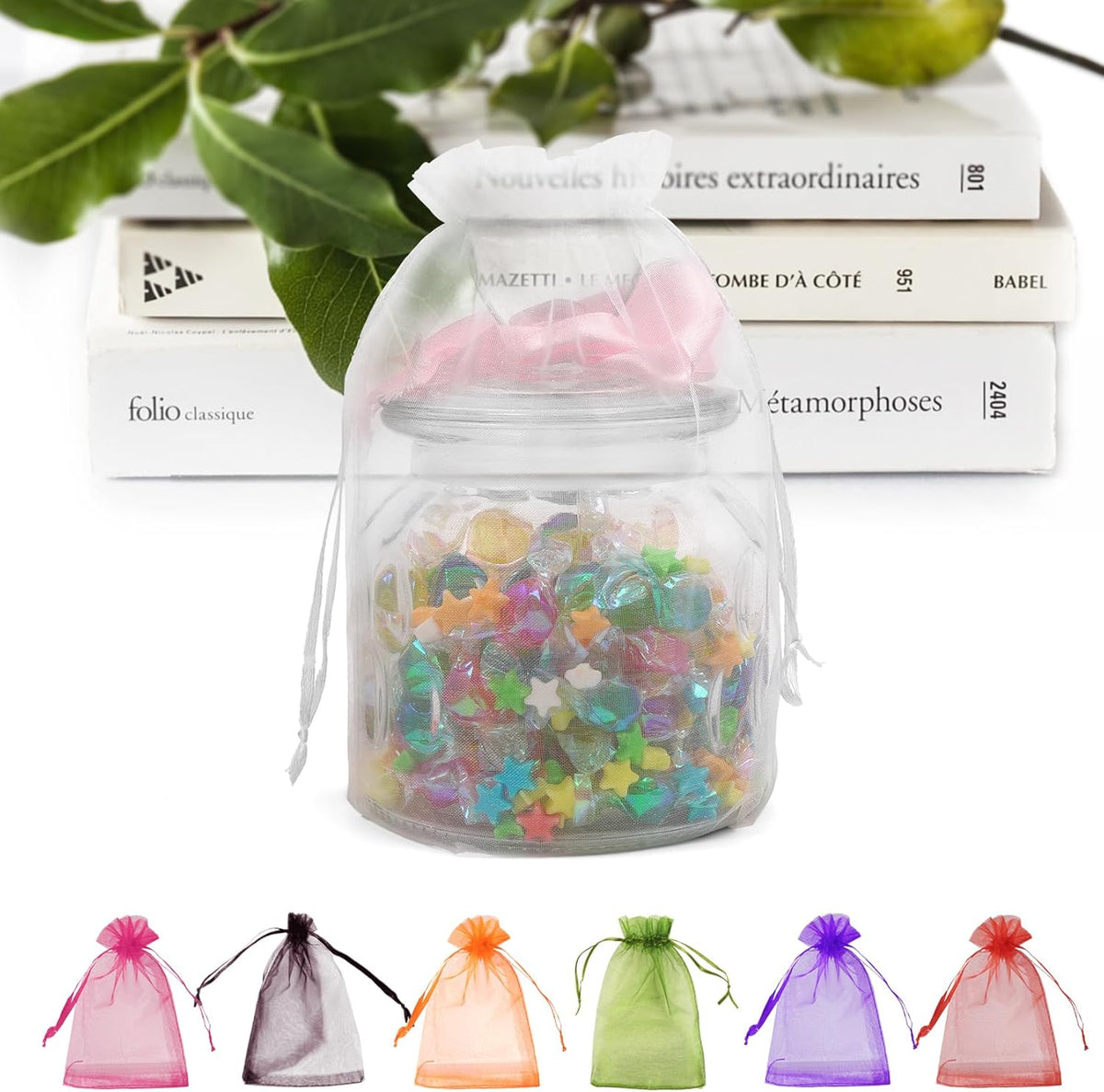 ANZNKU 50 Pack White Organza Bags 6x9 inch(17x23cm), Organza Gift Bags Mesh Drawstring Bag, Premium