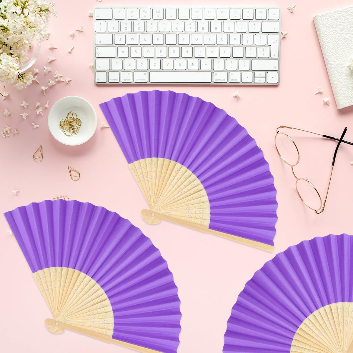 6 Pieces Purple Hand Held Bamboo Folding Fans Foldable Paper Fans Handheld for Women Girls Wedding