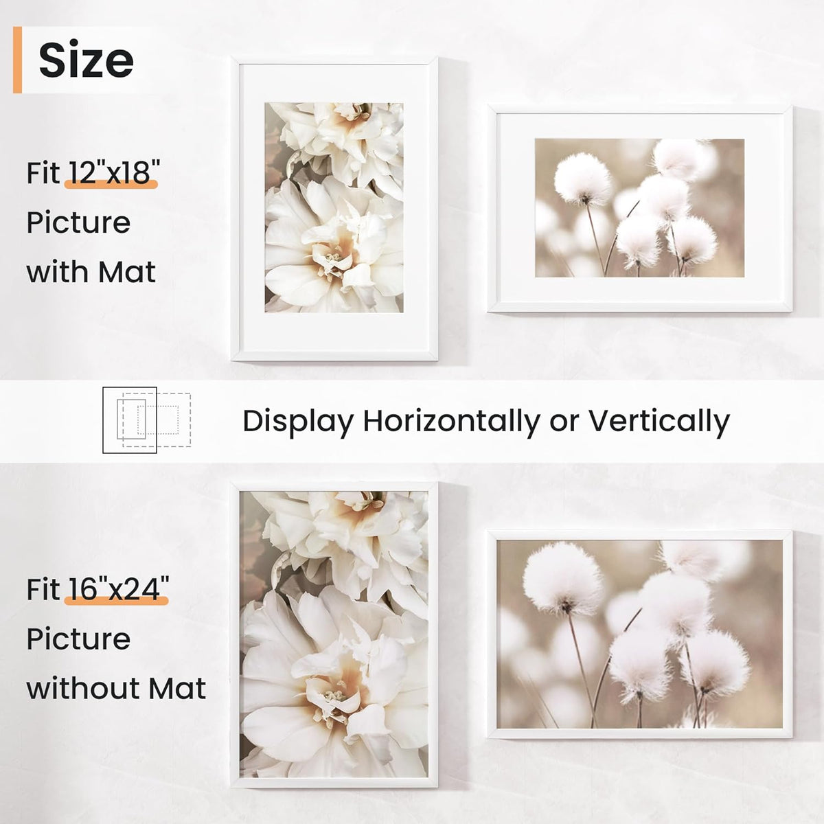 16x24 inch Picture Frame, 16x24 Photo Frames with 12x18 Removable Mat - High Definition Plexiglass