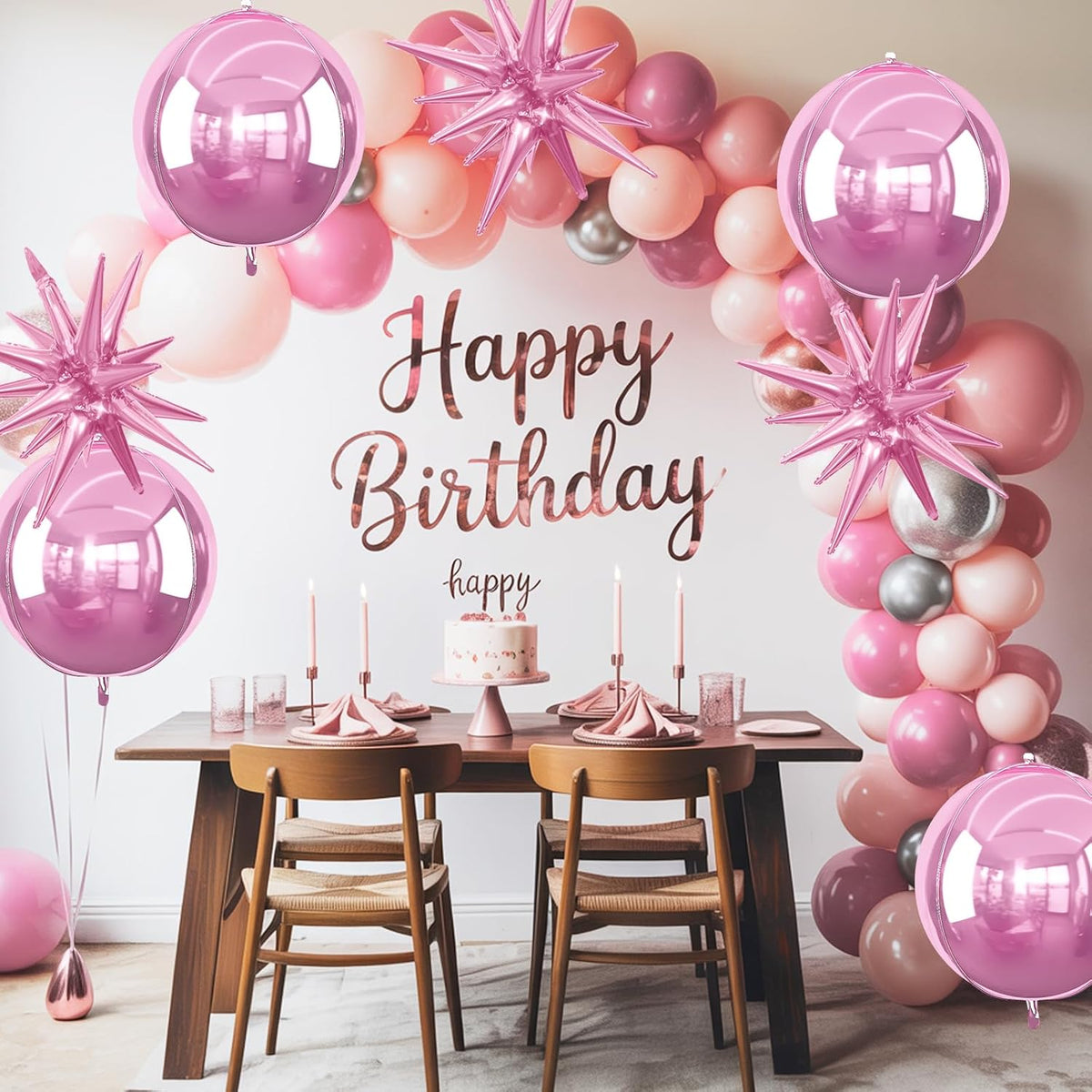6Pcs Pink Foil Balloons,22Inch Light Pink 4D Round Ball Balloon and Explosion Star Balloon for