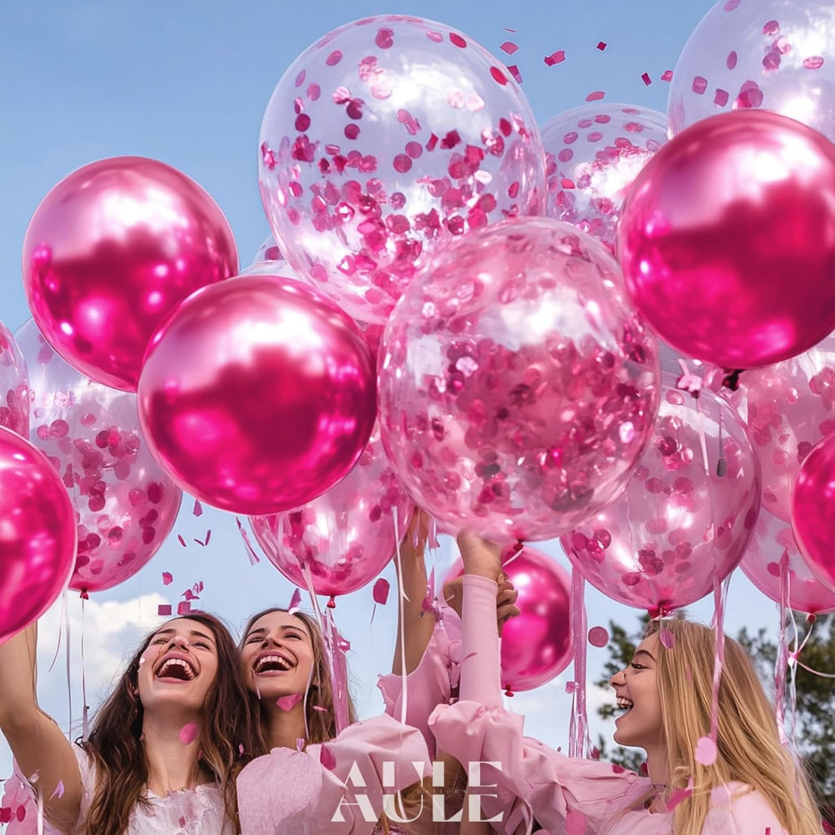 AULE Party Balloons Pack of 42 - Metallic Chrome Pink Balloons and Pink Confetti Latex Helium