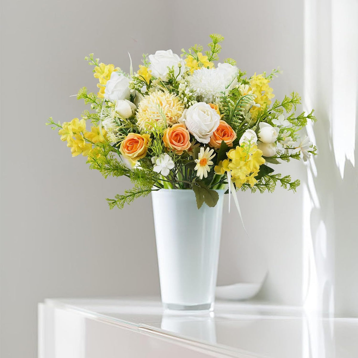 8Pcs Fake Flower Bouquet Artificial Silk Flowers White Yellow Rose Faux Floral Arrangements Picks