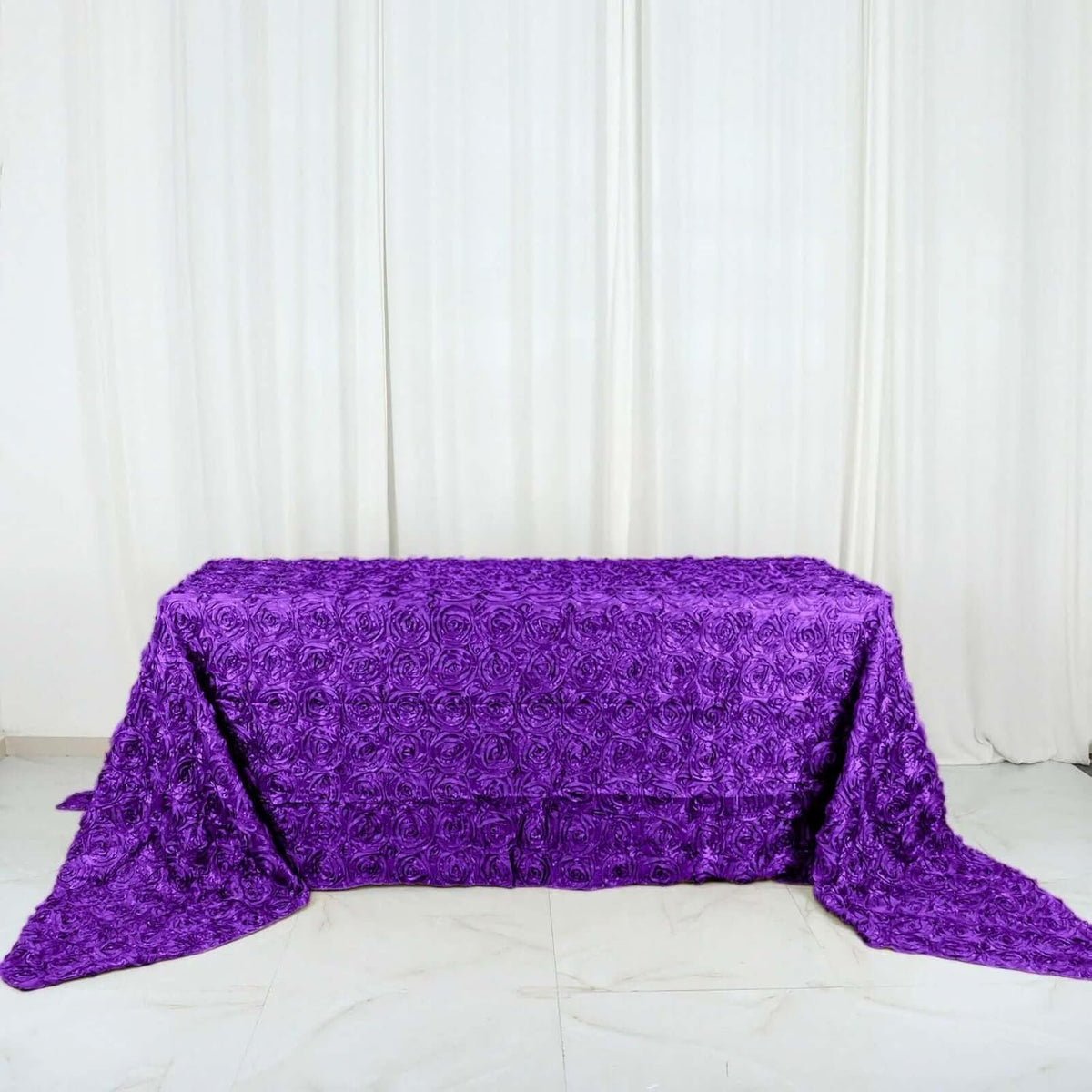 Efavormart 90"x156" Wholesale Rectangle Table Cover Purple Grandiose Rosette 3D Satin Tablecloth