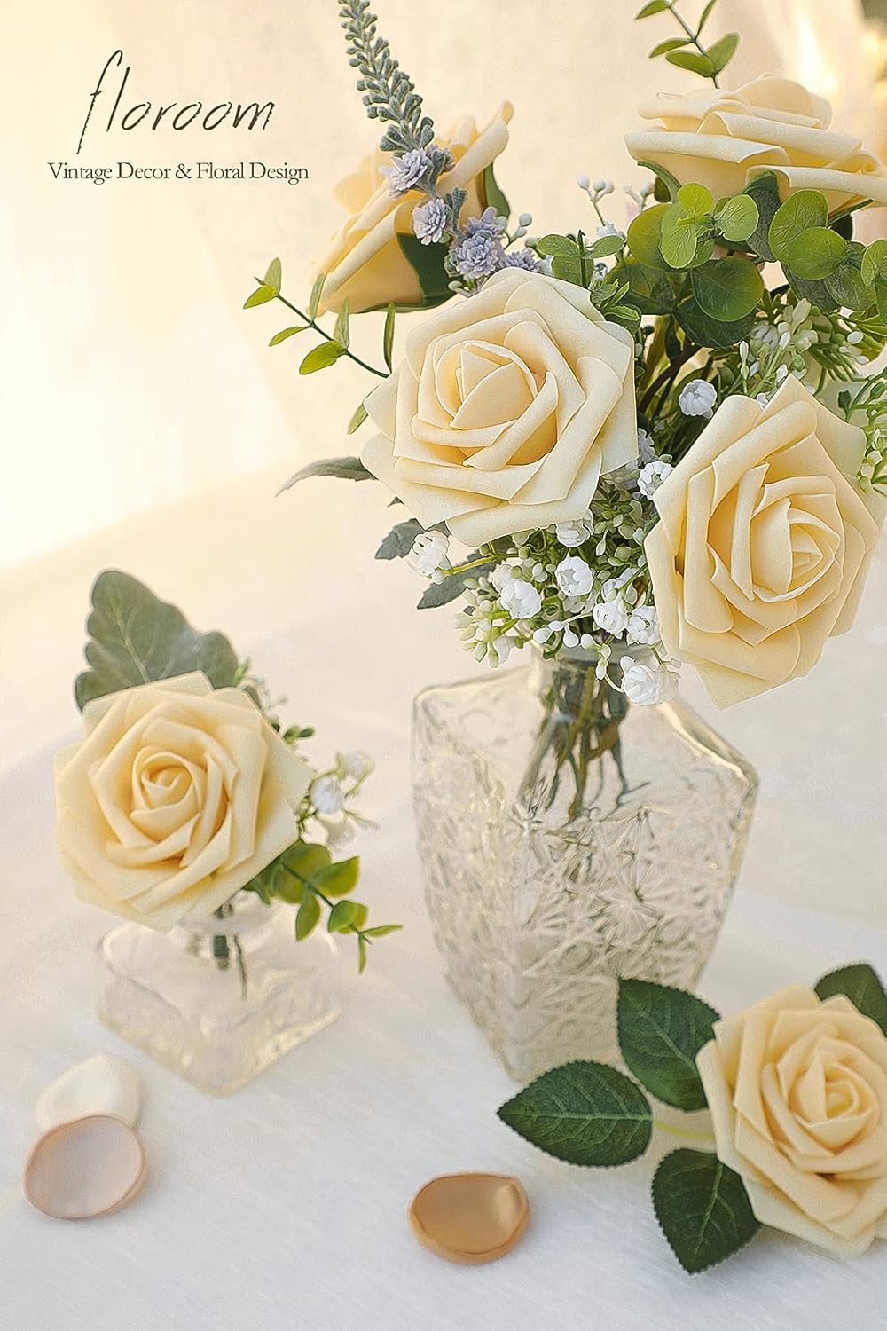 Floroom Artificial Flowers 25pcs Real Looking Creamy Yellow Foam Fake Roses with Stems for DIY