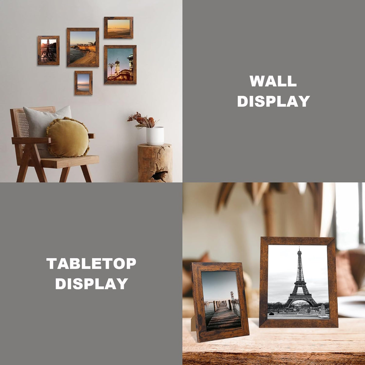 8x10 Picture Frame Set of 4, High Definition Glass 8 x 10 Frame, Wood Rustic Photo Frames for