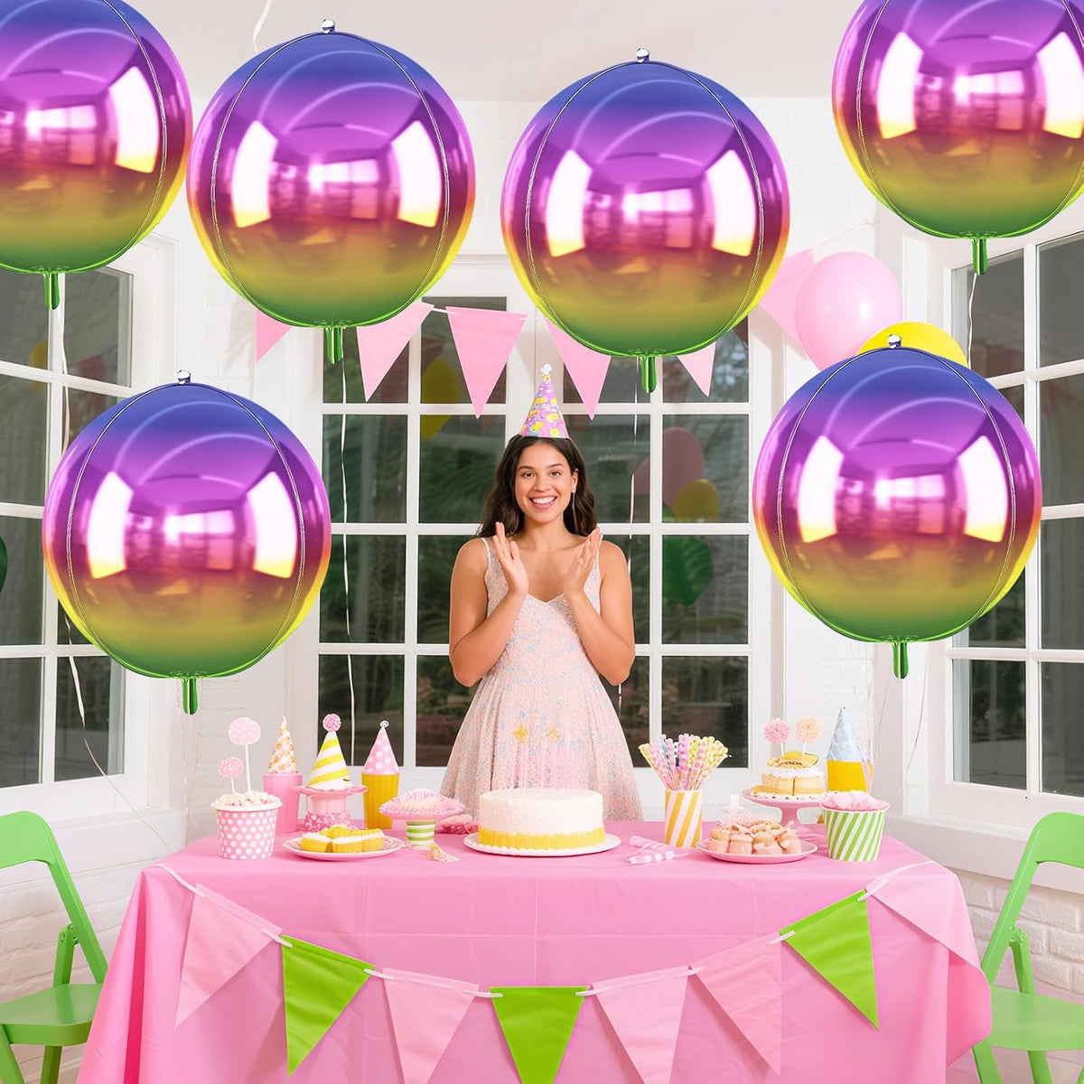 6Pcs Gradient Rainbow Round Foil Balloons, 22" Large Helium Colorful Ball Balloon, Metallic
