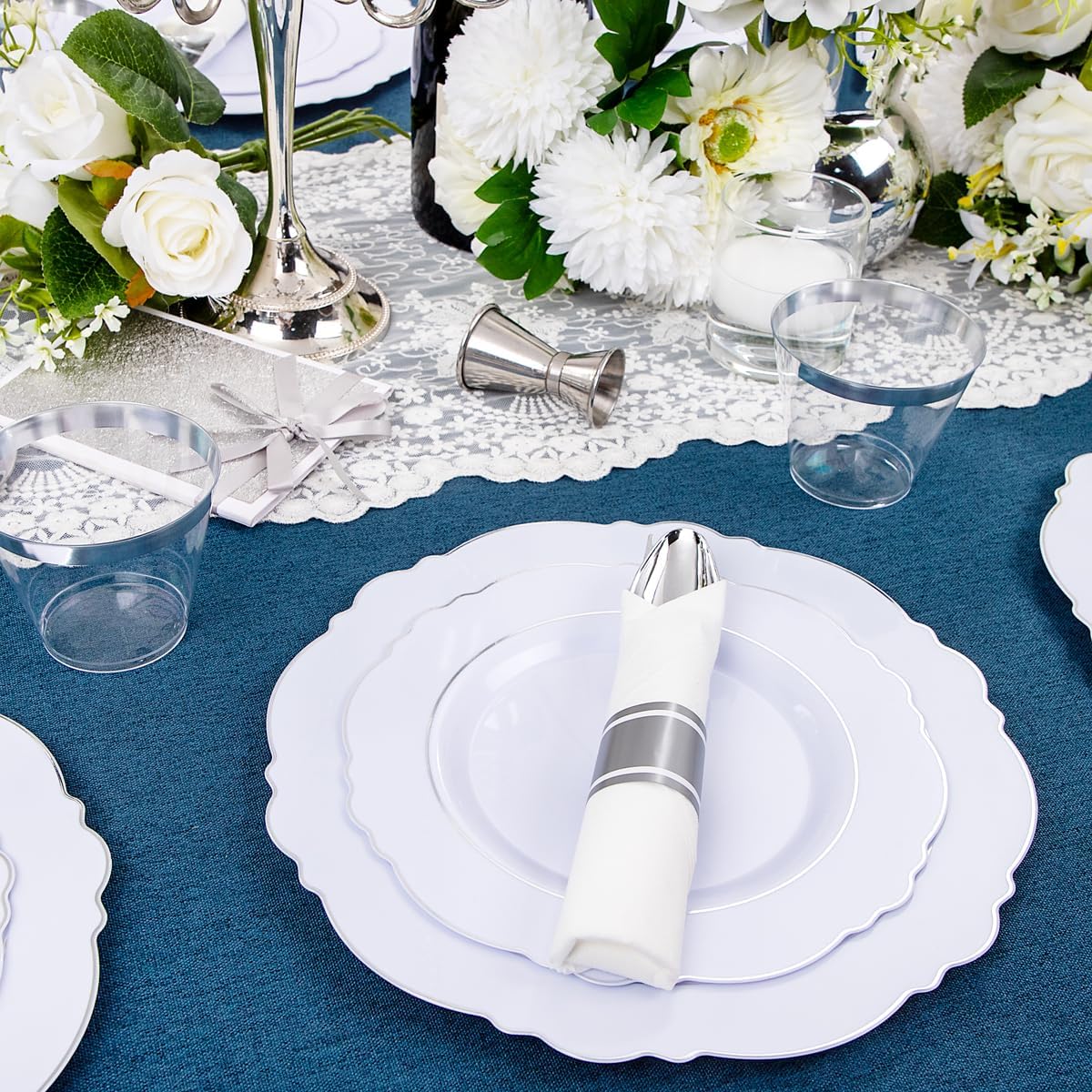 Liacere 350PCS Silver Plastic Plates-Disposable White and Silver Plates 50guest Baroque Plastic