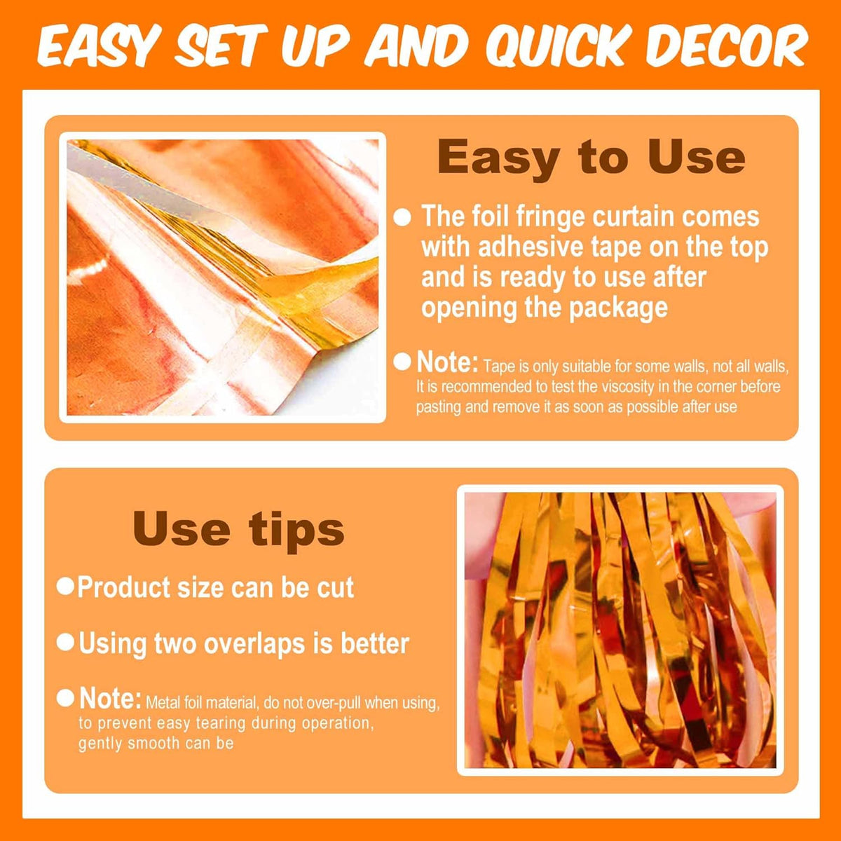 6 Pack Orange Foil Fringe Curtains Backdrop, 3.28 x 8.2 Ft Metallic Streamers Tinsel Curtains