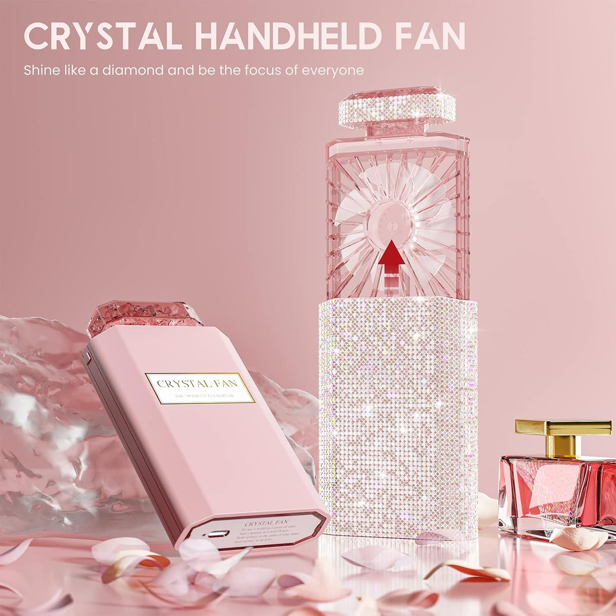 Bling Handheld Personal Fan, Rechargeable with 3 Speeds, Crystal Pull-out Portable Cooling Fan for
