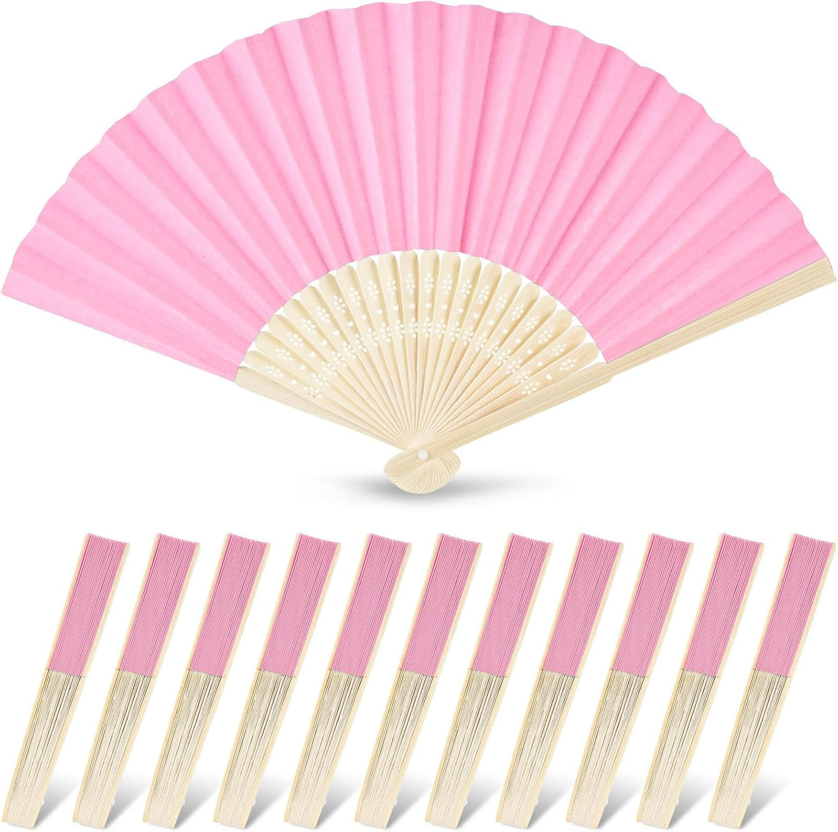 JOHOUSE 12 PCS Paper Folding Hand Fans, 8.3 Inch Pink Paper Fans Handheld Portable for Wedding