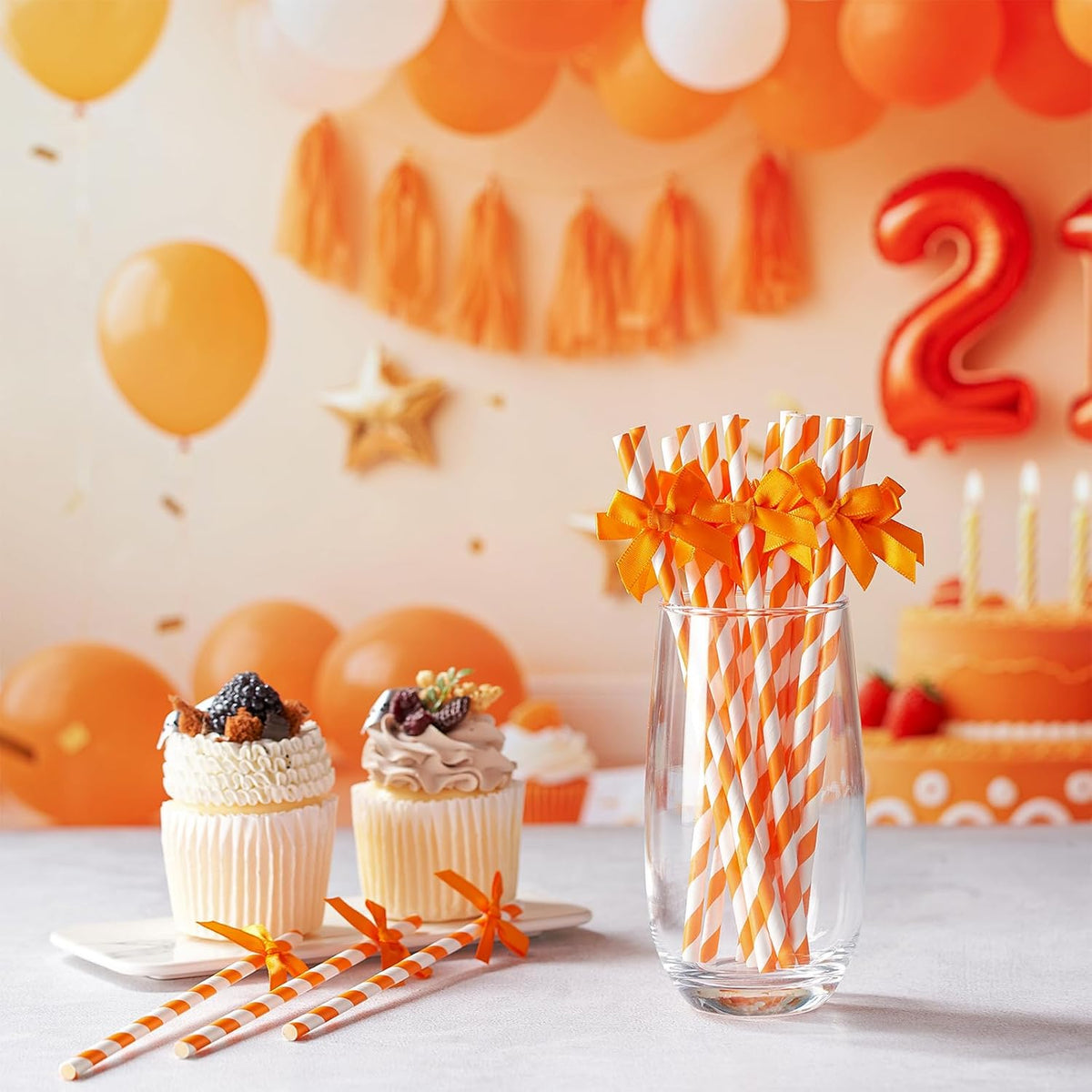 50 Pcs Fall Orange Paper Bow Straws for Drinking, Halloween Disposable Striped Paper Straws Bulk