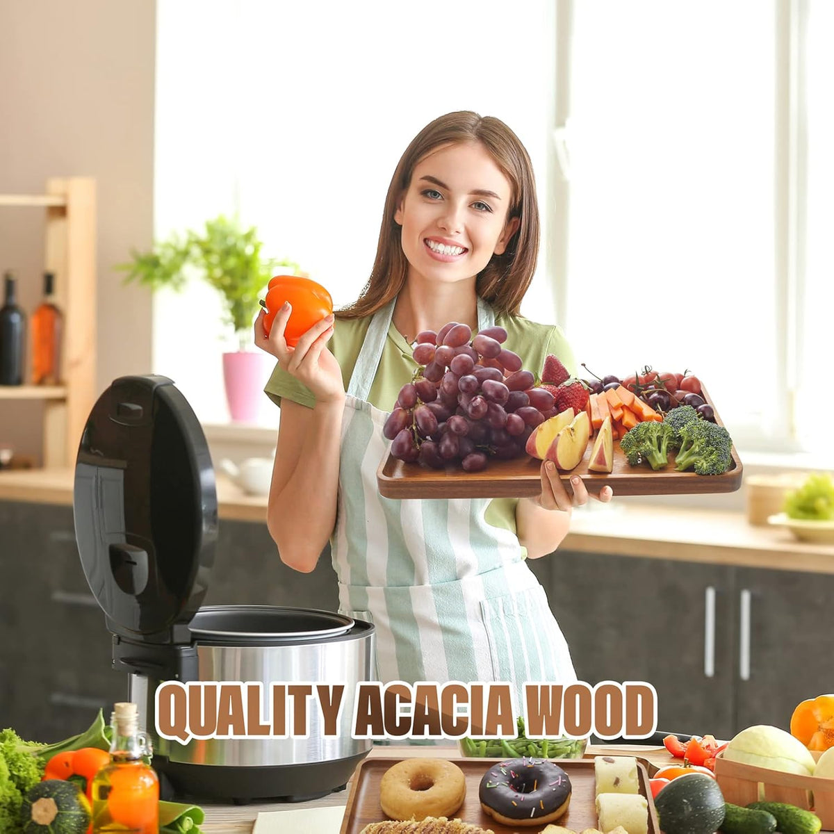 2 PCS 13 x 9 in Solid Acacia Wood Serving Trays Rectangular Wooden Serving Platters Natural Wooden