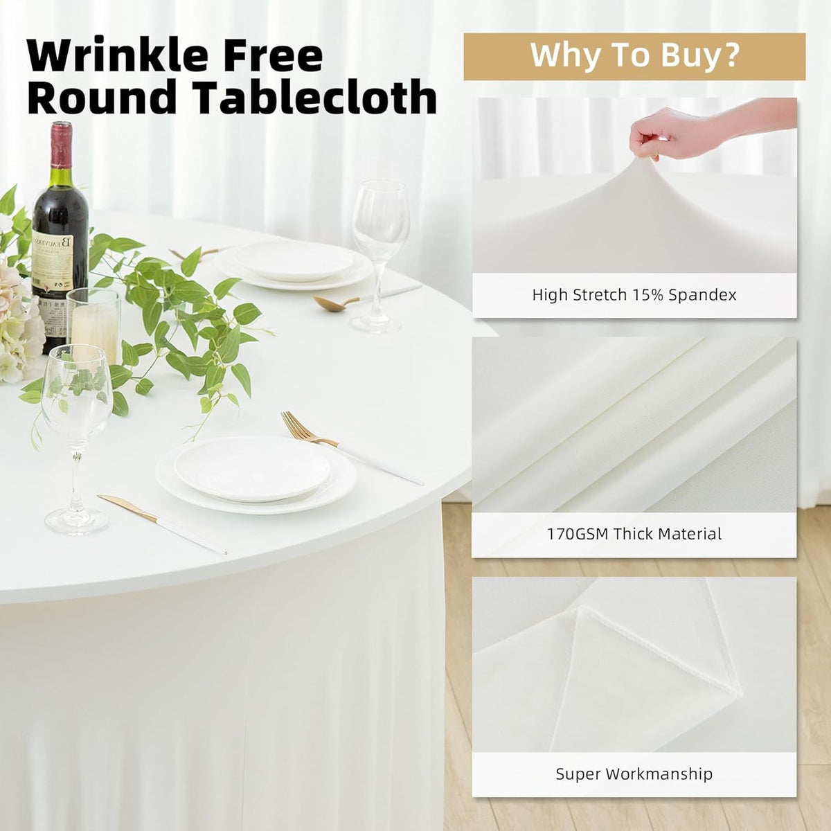 2 Pack Ivory Spandex Round Tablecloths for 60 inch Tables, Wrinkle Free Stretchy Fitted 120inch