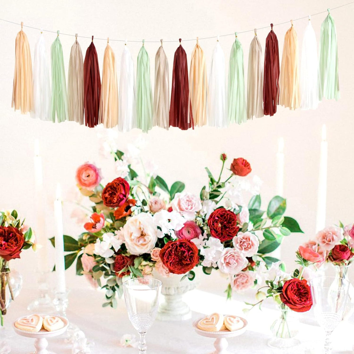 Sage-Green Burgundy Champagne-Gold Tassel-Garland - 25pcs Boho Wedding Party Decorations Banner