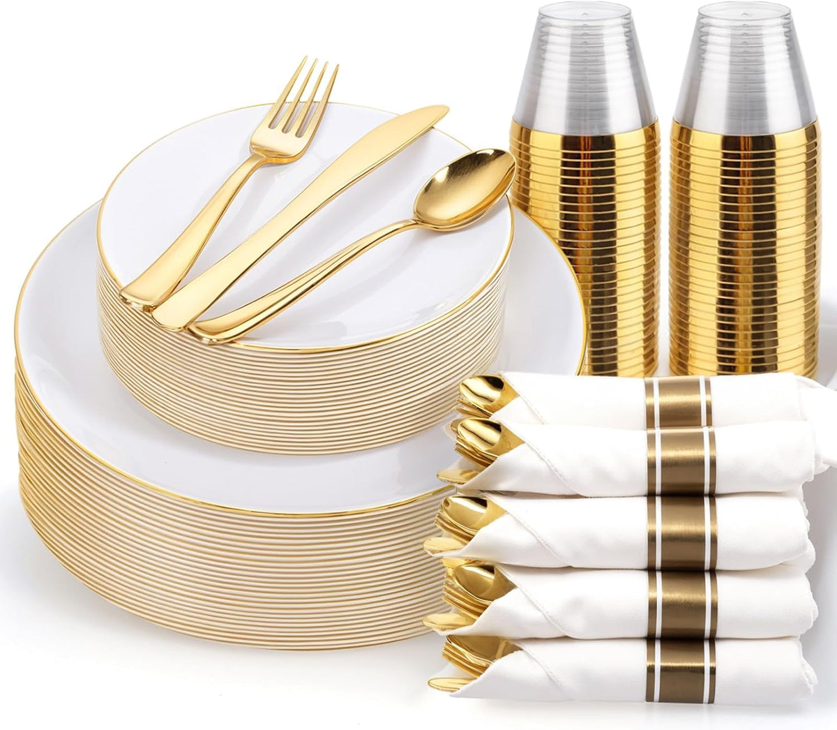 KIRE 175PCS Gold Plates Disposable - Heavy Duty White and Gold Plastic Plates Dinnerware Sets - 25