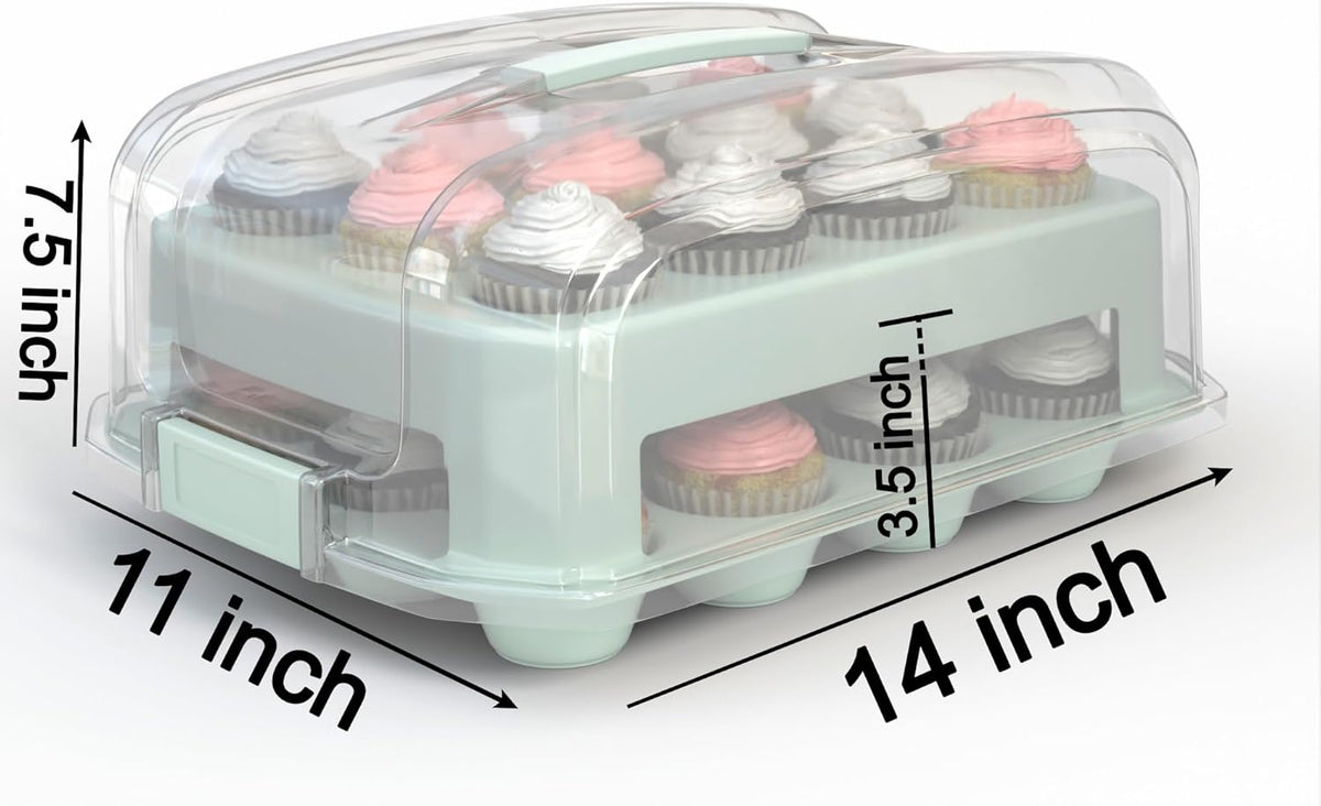 Cupcake Carrier, EXTRA TALL LID, Green Cupcake Holder Carries 24 Standard-Size Cupcakes, Muffin