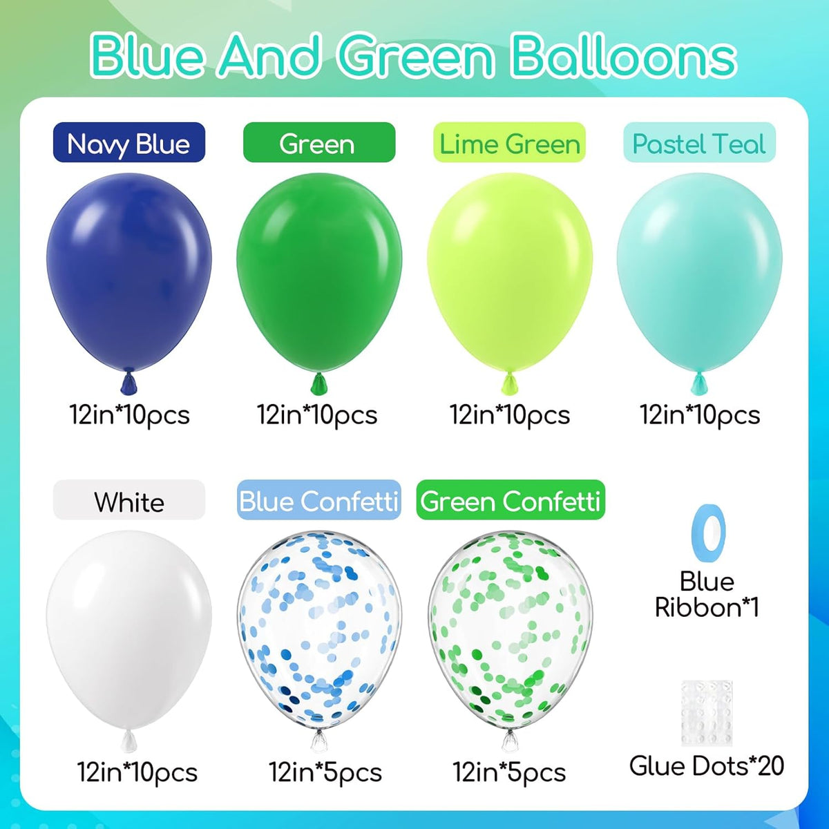60pcs Blue and Green Balloons 12inch, Navy Blue Lime Green Teal White Confetti Balloons for