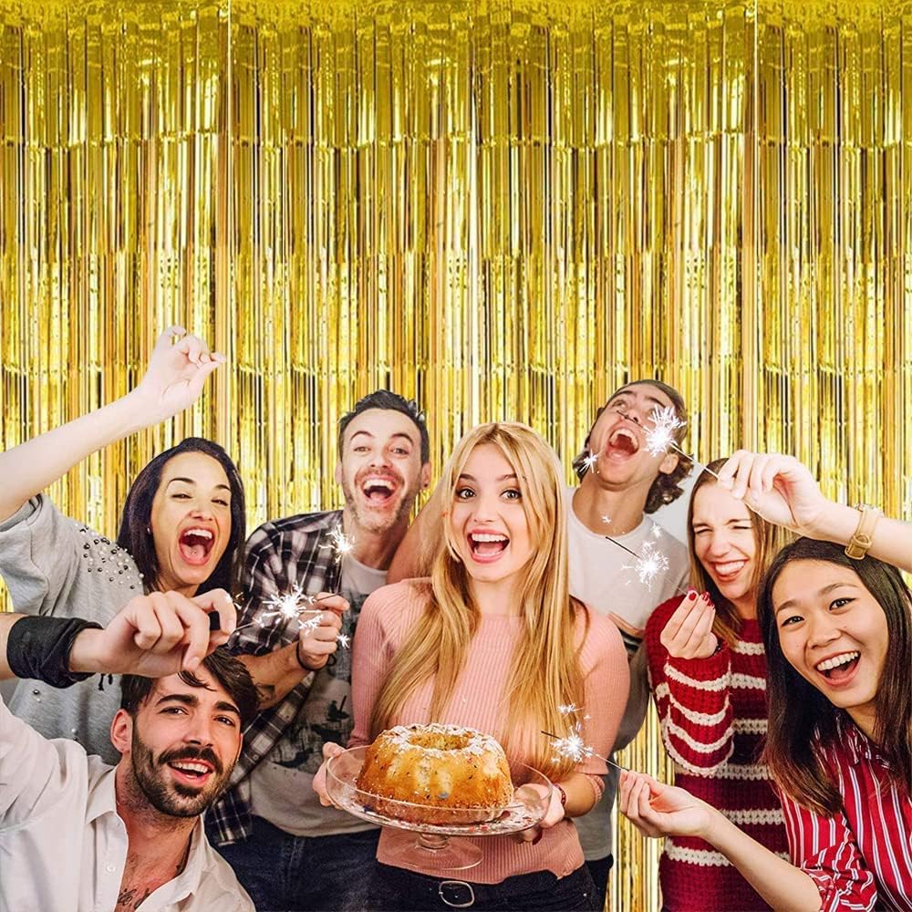 3Pcs Gold Metallic Tinsel Foil Fringe Curtains,3.2ft*8ft Gold Photo Booth Backdrop Streamer,Photo