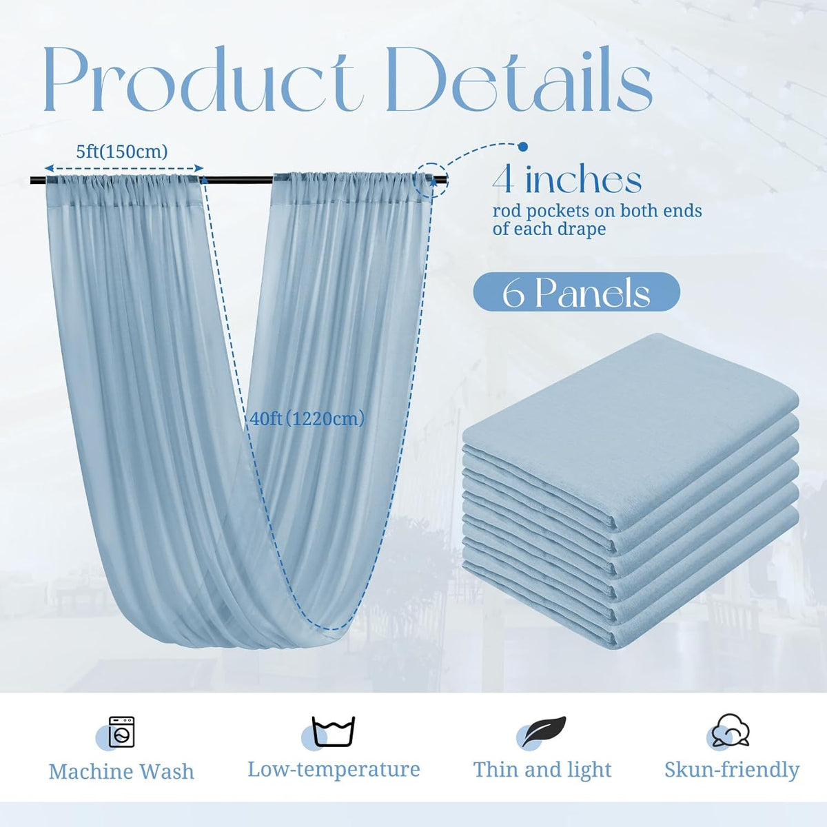 6 Panels Dusty Blue Ceiling Drapes for Wedding, 5ftx40ft Ceiling Drapes Cheesecloth Sheer Fabric
