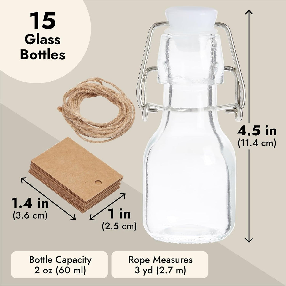 BLUE PANDA Mini Glass Bottles Swing Top - 15 Pack 2 Oz/60 ml Blue & White - Kraft Tags & Jute Twine