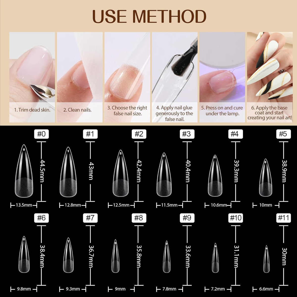 UNA GELLA Clear Stiletto Fake Nails - 216pcs Extra Long Full Cover Gel Nail Tips - 12 Sizes for